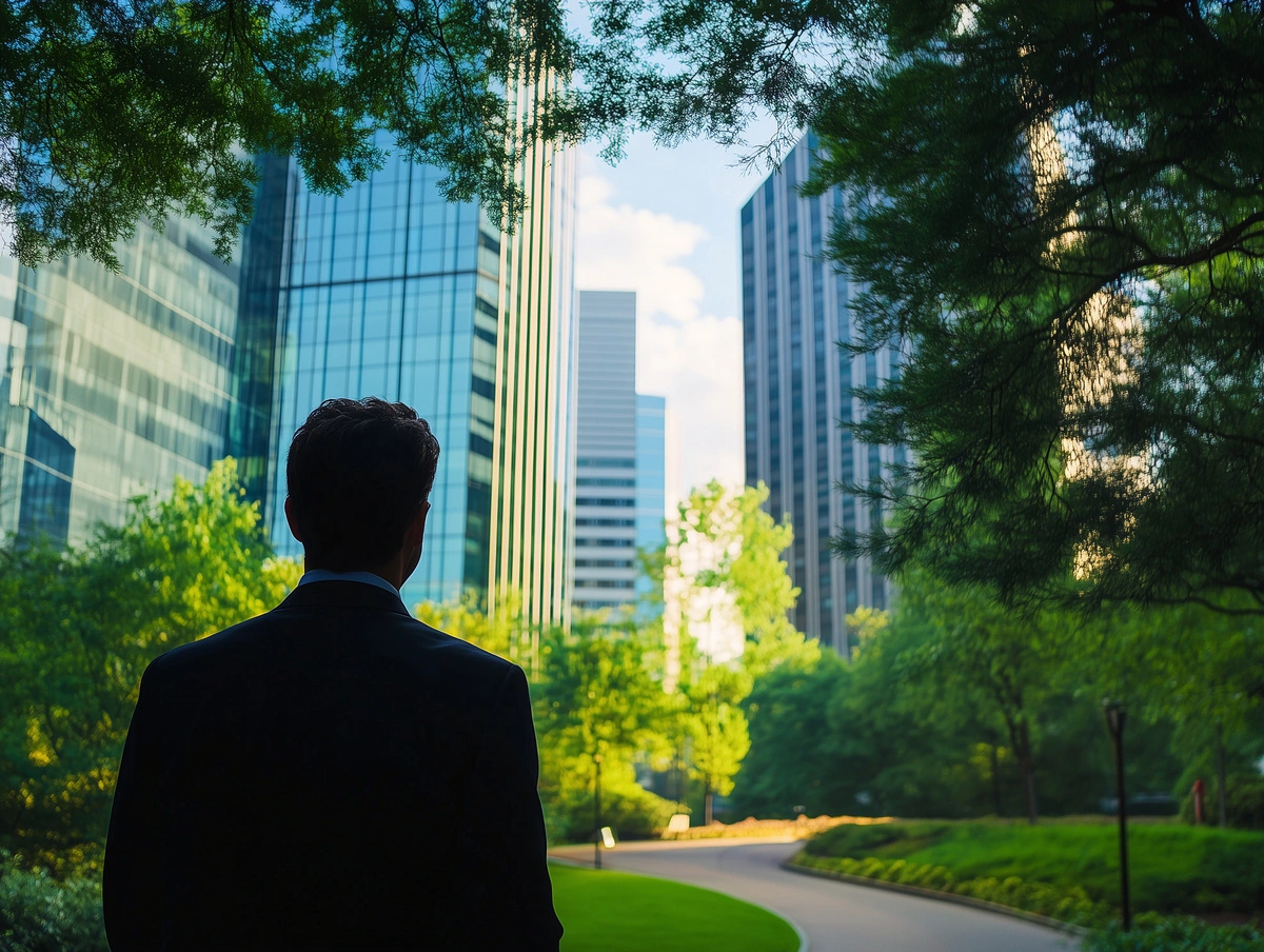 Homme devant des immeubles. @Adobe