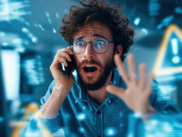 homme en panique au téléphone