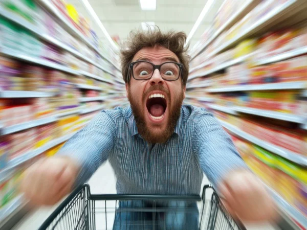 homme paniqu&eacute; au supermarch&eacute;