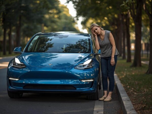 Femme désespérée voiture électrique