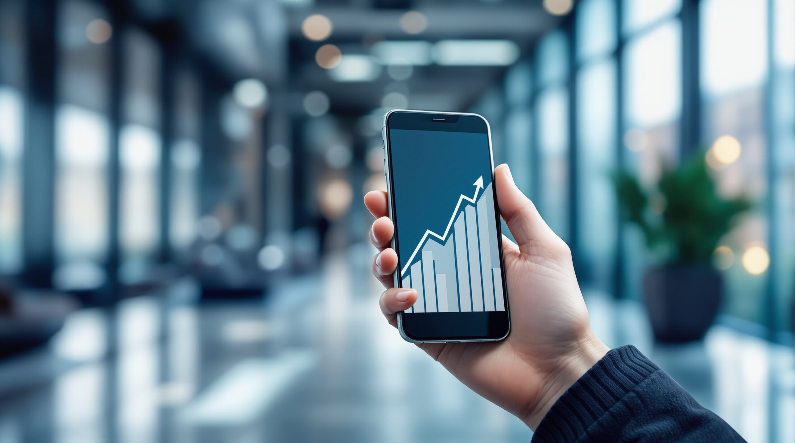 Main &eacute;l&eacute;gante tenant un smartphone affichant un graphique financier ascendant